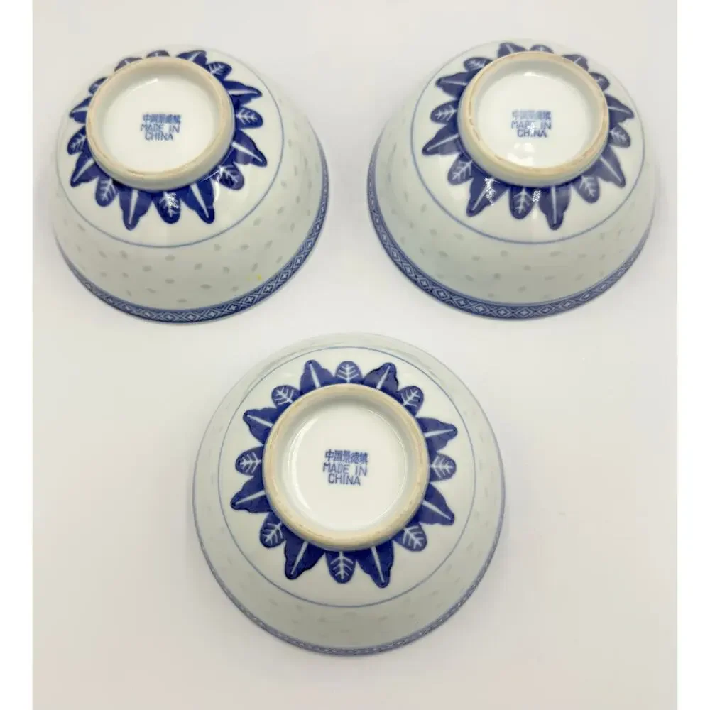 Tienshan Chinese Rice Grain Coupe Soup Bowls Blue & White Chrysanthemum 3pc Set